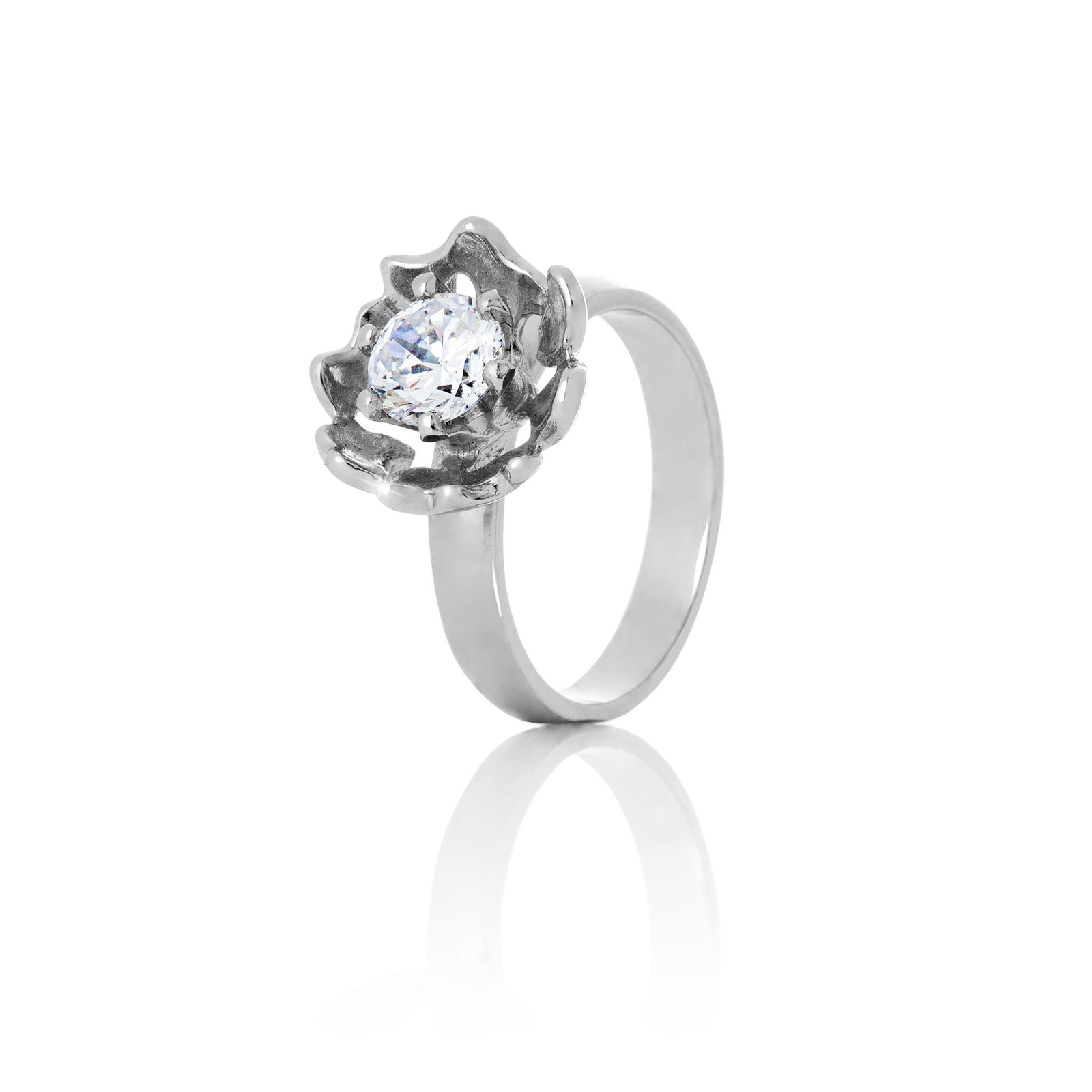 Íslínan <br> Ísblóm silfurhringur með hvítum zirconia steini